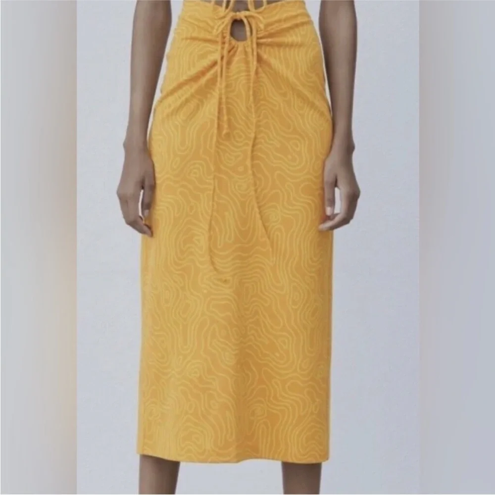 Zara Abstract Print Orange Cutout Tie Waist Skirt large - Picture 2 of 8